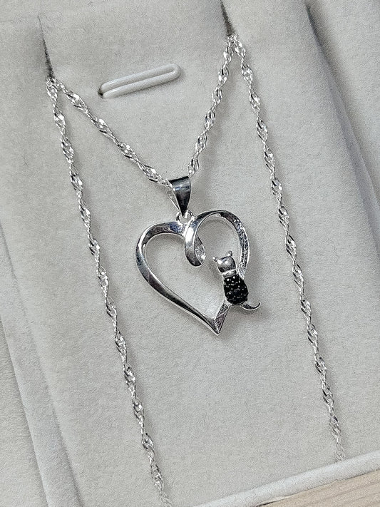 Collar Plata Italiana Corazón Gatito Onix